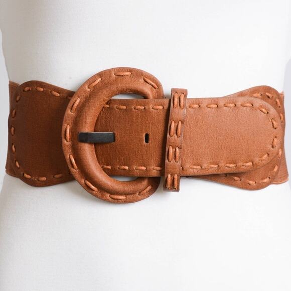 Distressed Wide Stitch Elastic Belt Western Boho Chic Style Camel Brown - Picture 1 of 3